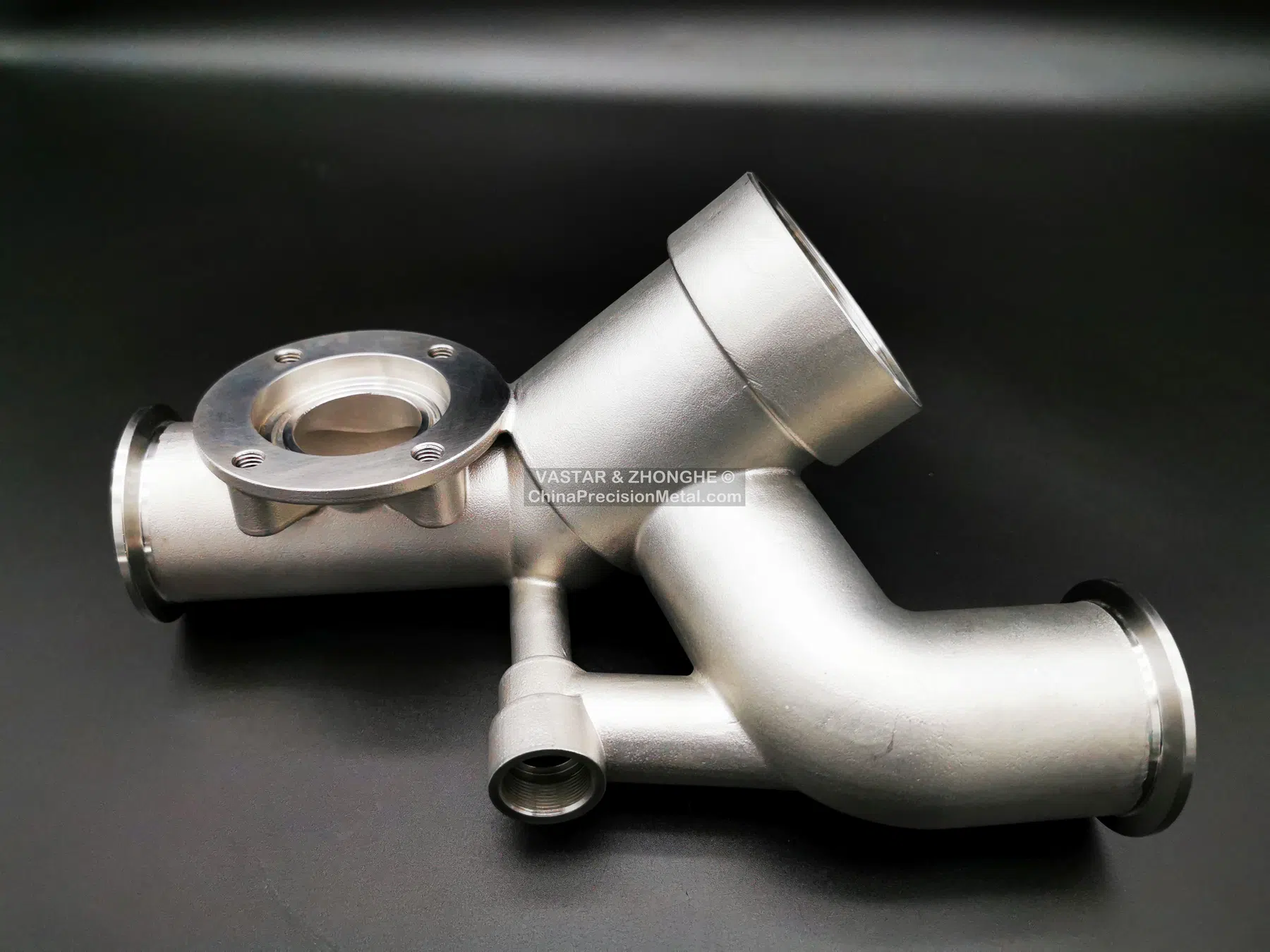 Complex stainless flow housing after casting and CNC machining