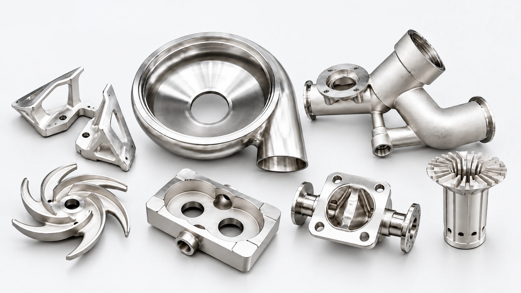 Representative custom cast and CNC machined metal components, manufactured to customer drawings